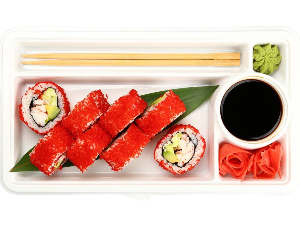 California sushi rolls with red tobiko caviar and crab meat
